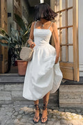 Arolora White Waisted Ballon Midi Dress
