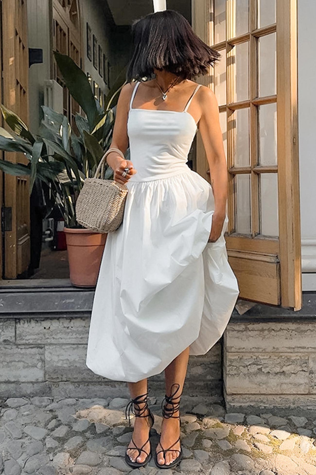 Arolora White Waisted Ballon Midi Dress