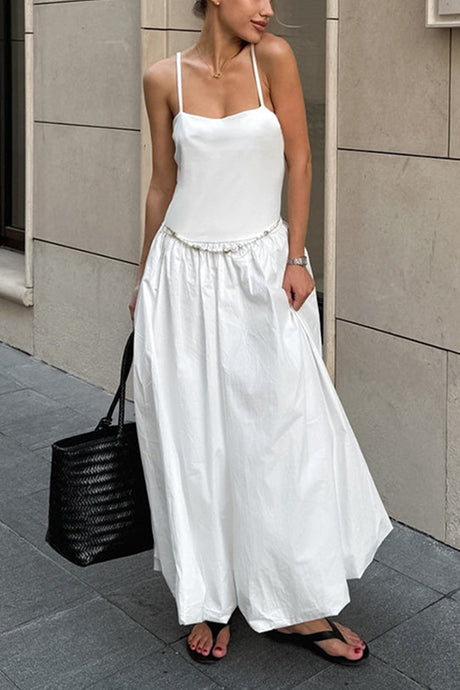 Arolora White Waisted Ballon Midi Dress