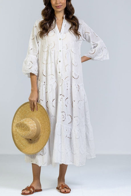 V Neck Flares Sleeve Embroidery Cotton Dress