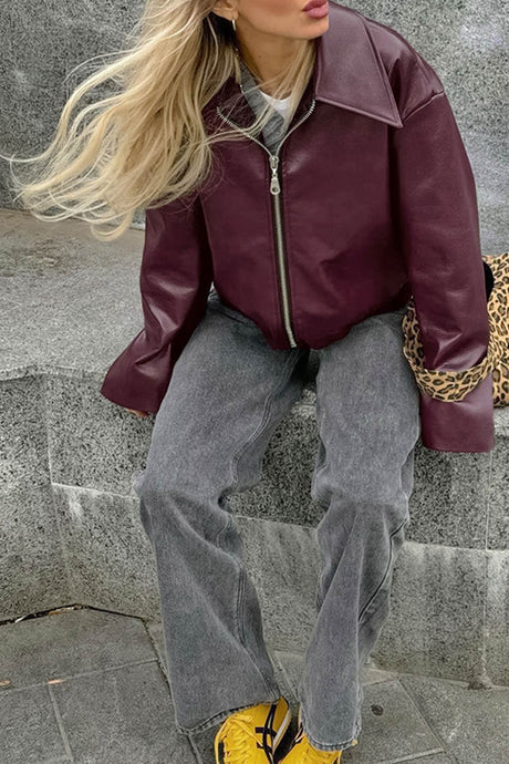 Solid Color Zip-up PU Jacket
