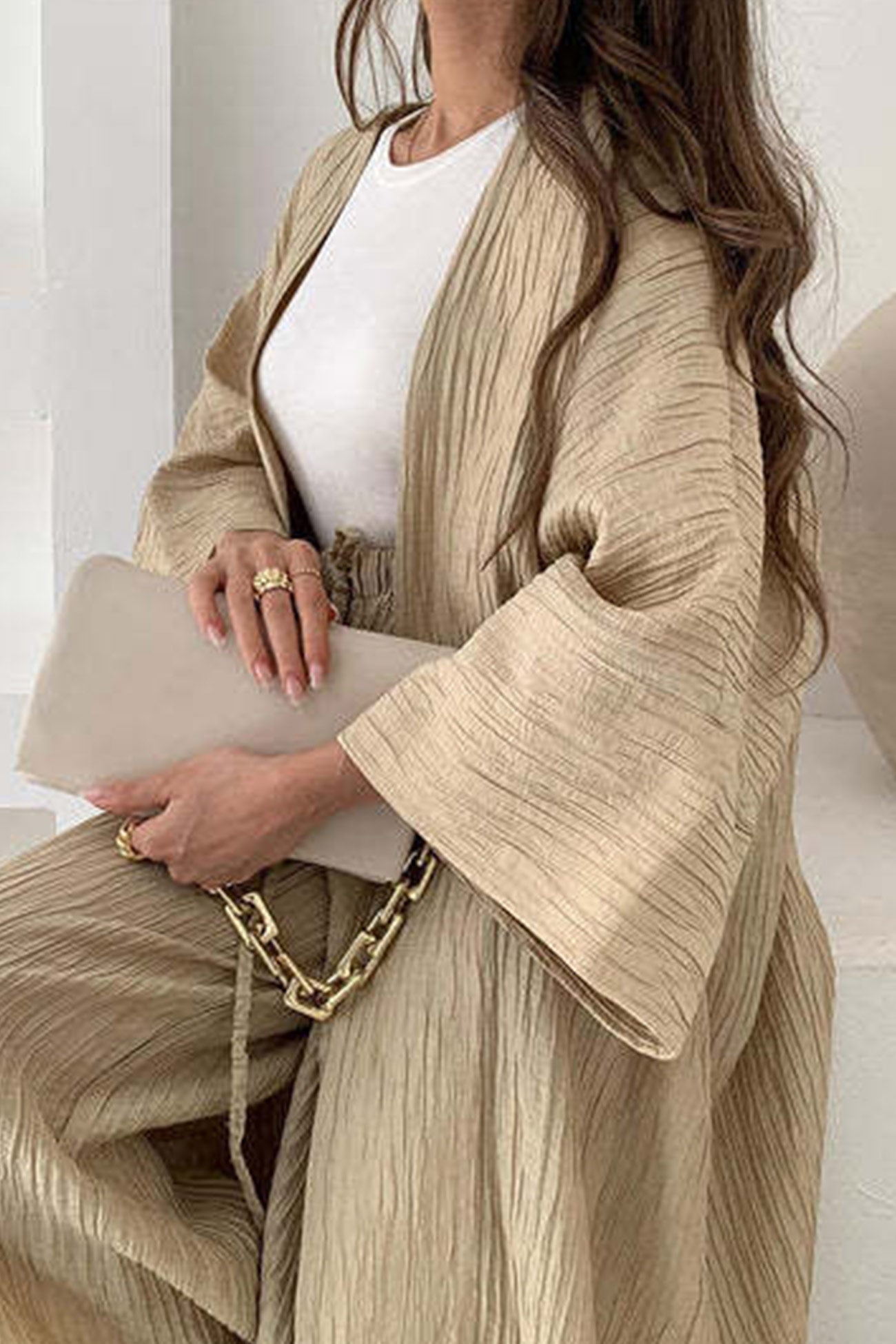 Arolora wrinkled-texture-open-front-cardigan-suits