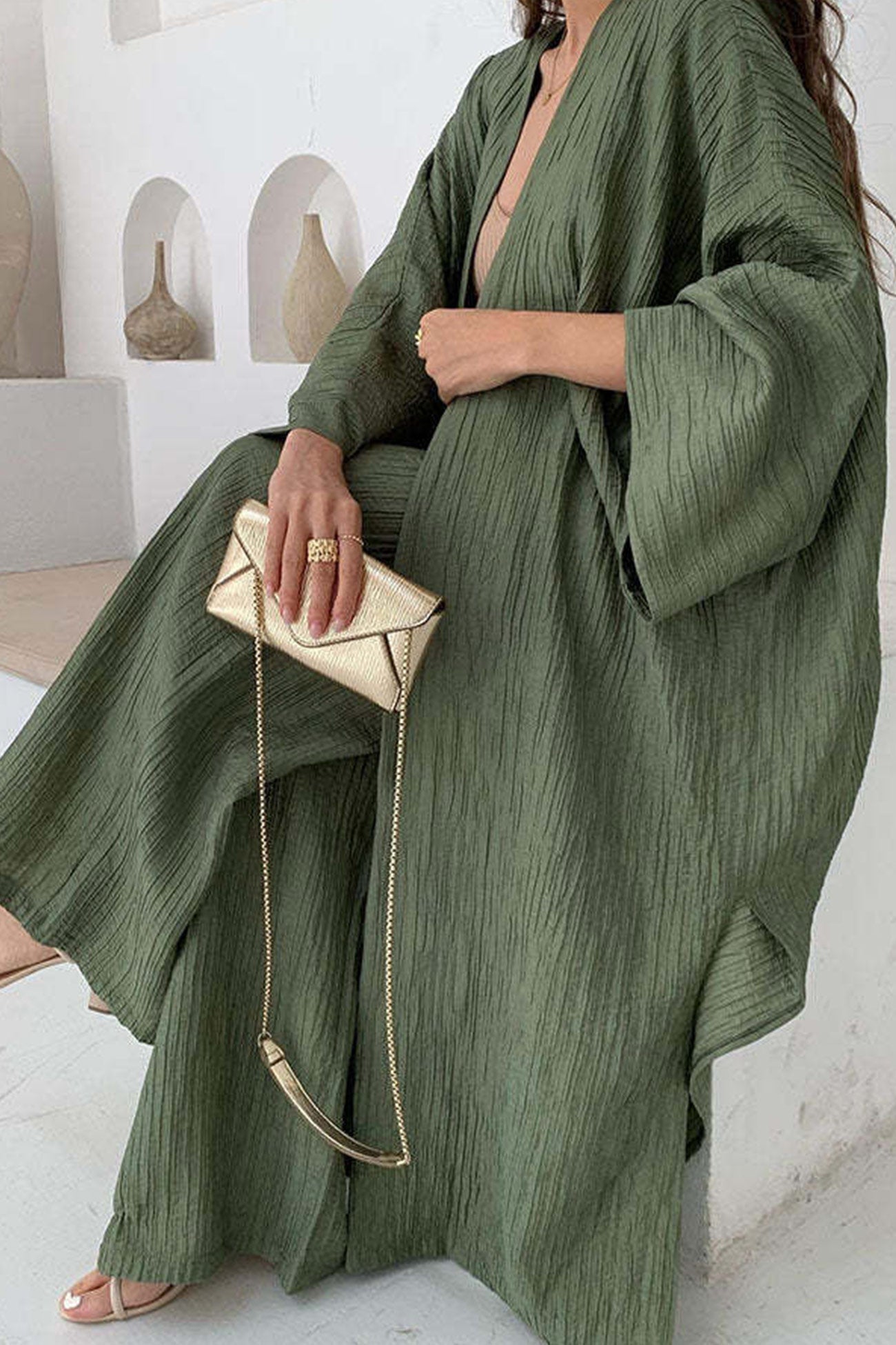 Arolora wrinkled-texture-open-front-cardigan-suits