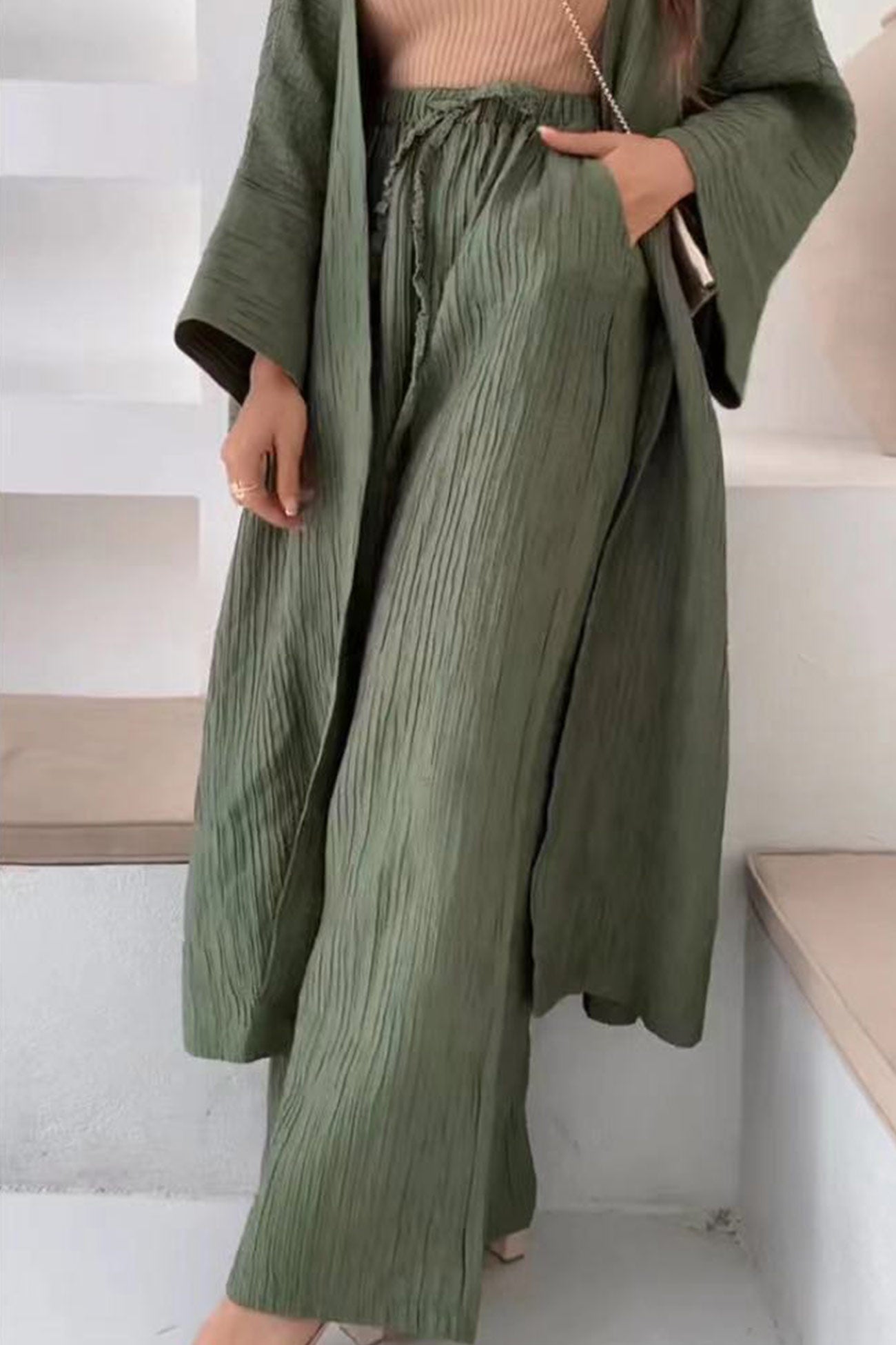 Arolora wrinkled-texture-open-front-cardigan-suits