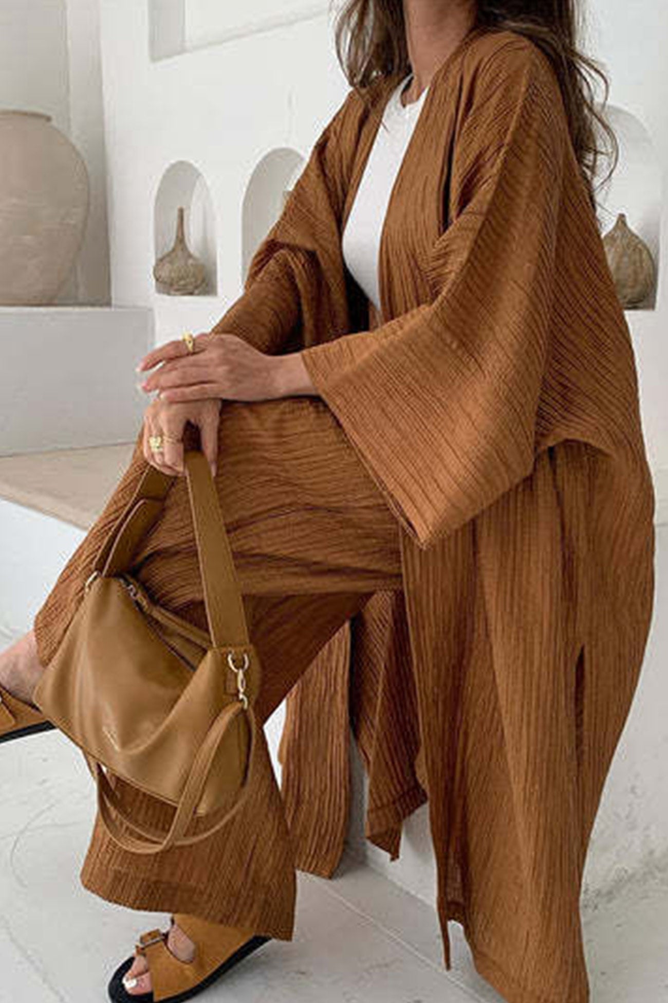 Arolora wrinkled-texture-open-front-cardigan-suits