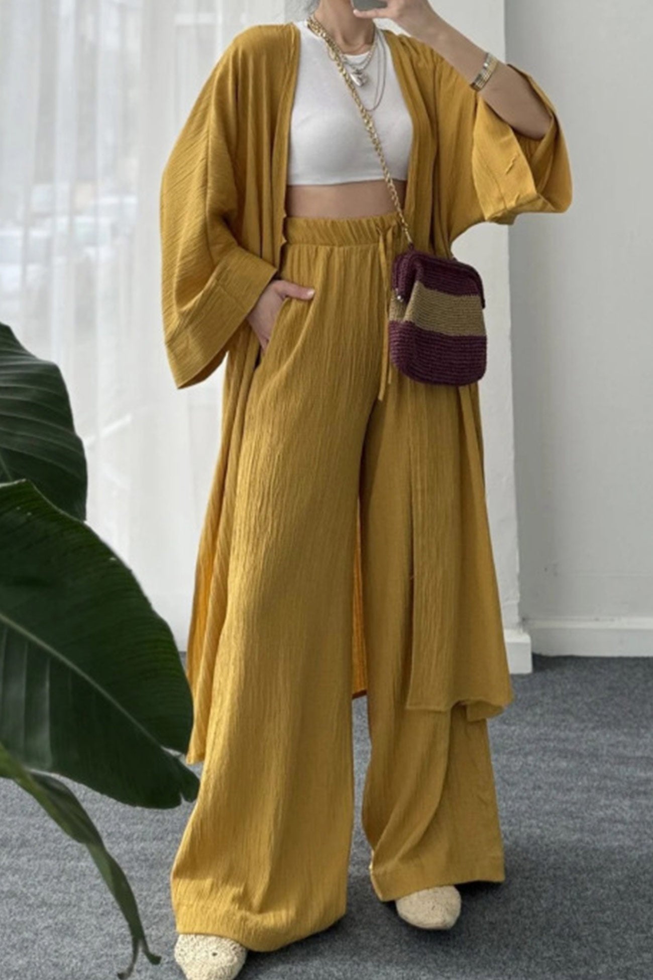 Arolora wrinkled-texture-open-front-cardigan-suits