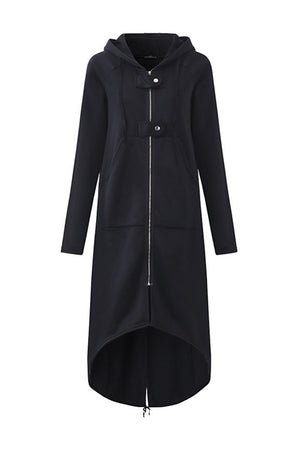 Zip-up High Low Drawstring Hem Long Hoodie