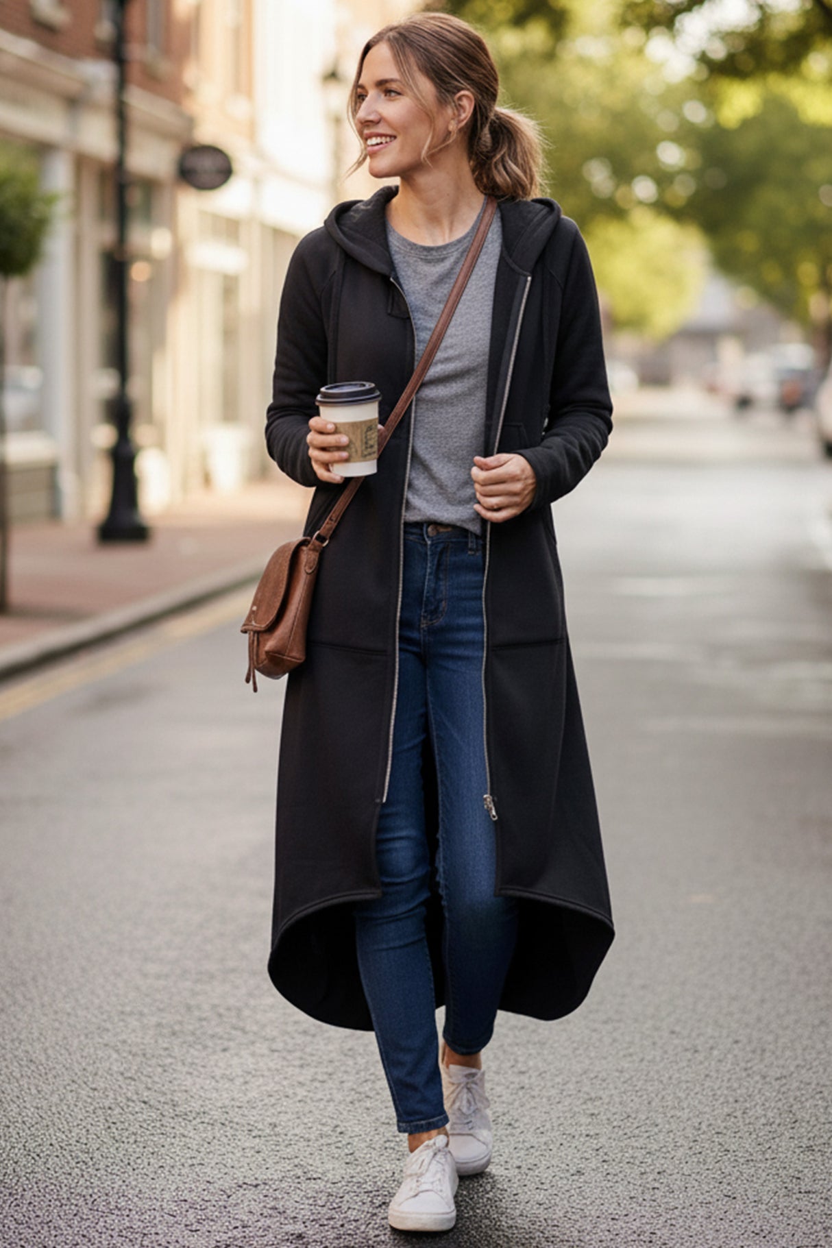 Zip-up High Low Drawstring Hem Long Hoodie