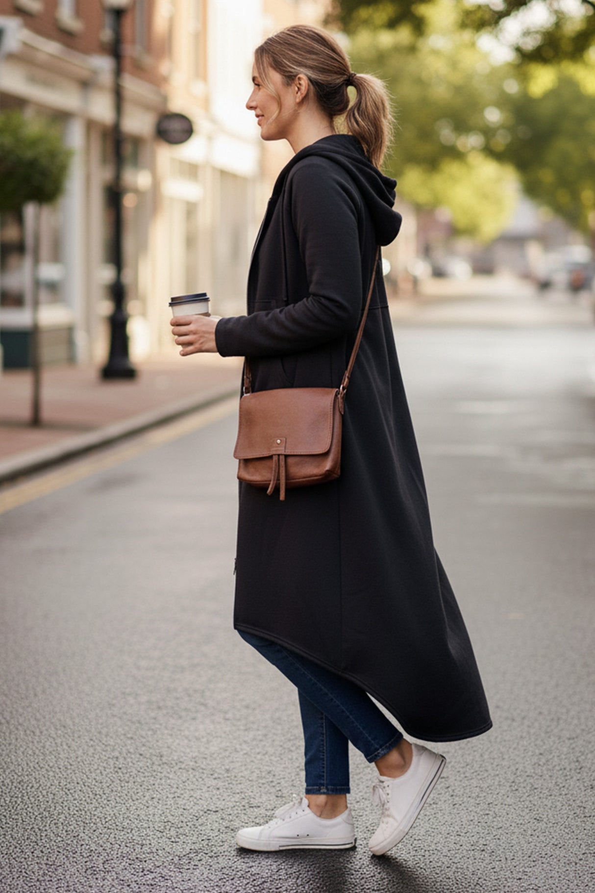 Zip-up High Low Drawstring Hem Long Hoodie