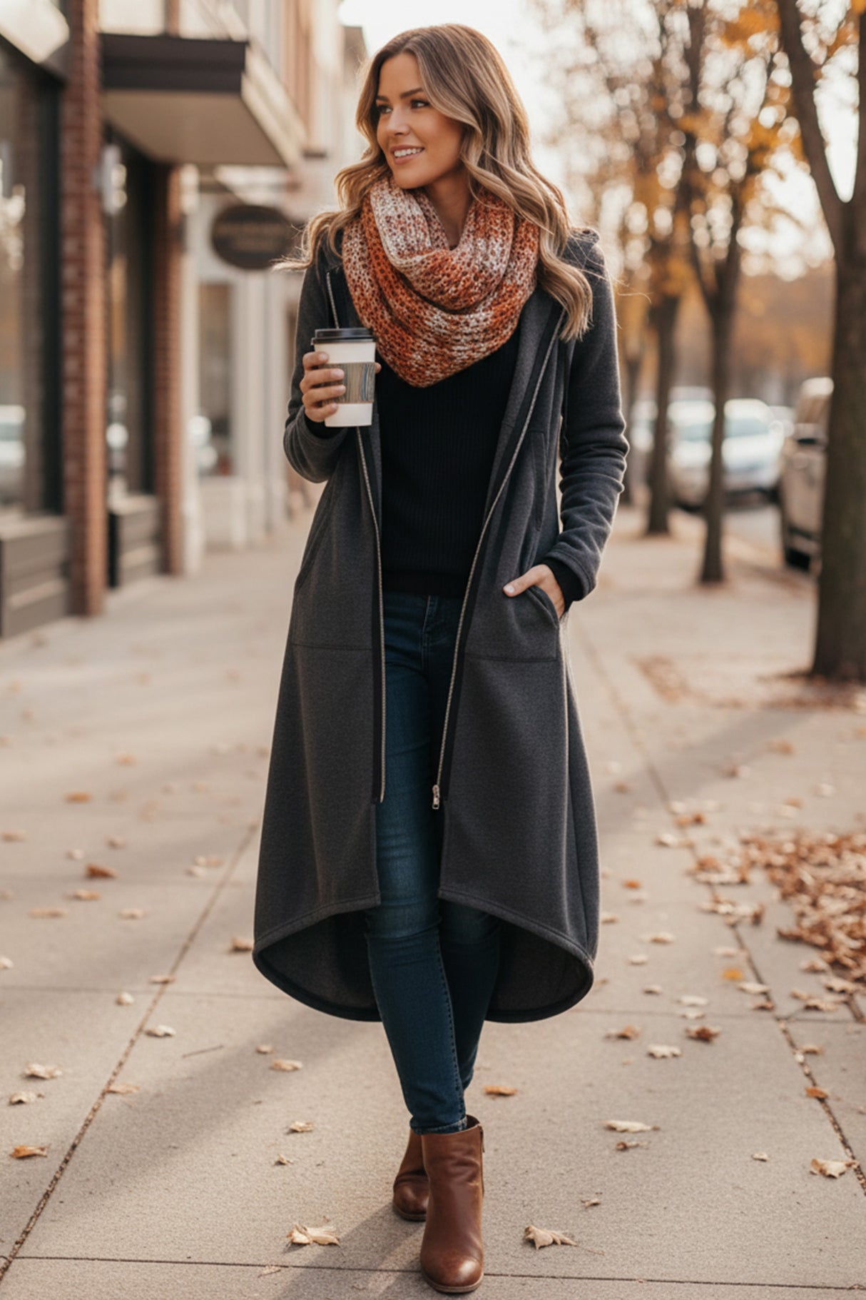 Zip-up High Low Drawstring Hem Long Hoodie