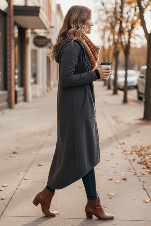 Zip-up High Low Drawstring Hem Long Hoodie