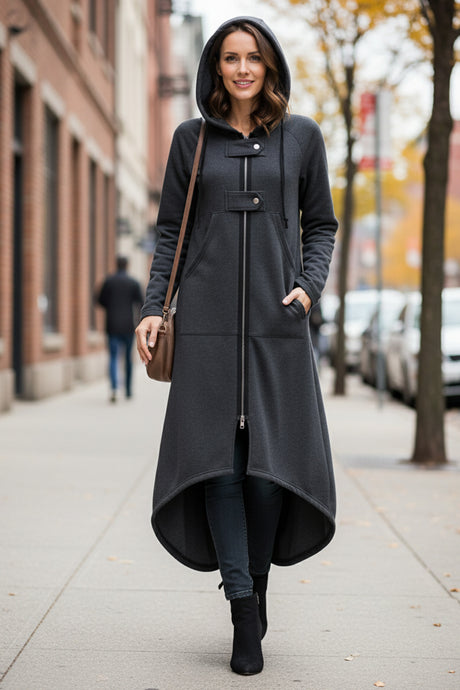 Zip-up High Low Drawstring Hem Long Hoodie