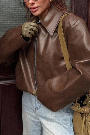 Solid Color Zip-up PU Jacket