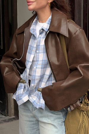 Solid Color Zip-up PU Jacket