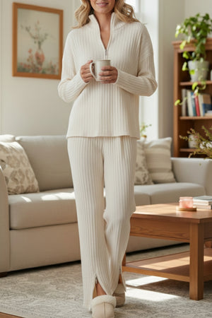 Zip-up Slit Ribbed Knit Two-piece outfit