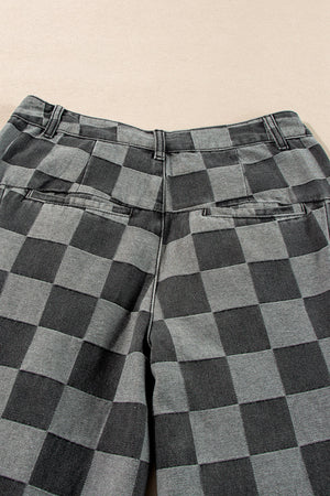 Arolora checkered-high-waist-denim-wide-leg-jeans