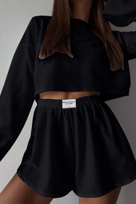 Arolora hollow-long-sleeve-shorts-slit-two-piece-set