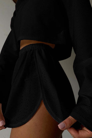 Arolora hollow-long-sleeve-shorts-slit-two-piece-set