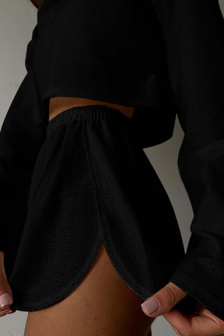 Arolora hollow-long-sleeve-shorts-slit-two-piece-set