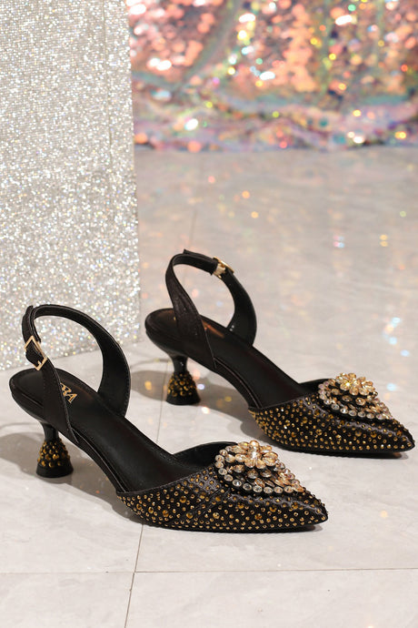 Pointed Rhinestone High Heels With Bow Hand Bag