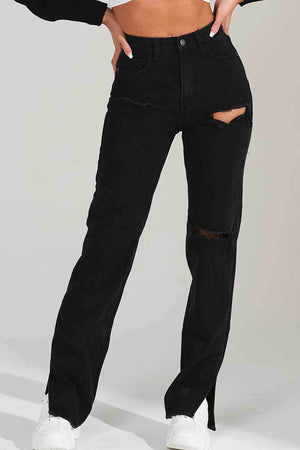 Ripped Slit High Waist Flared Jeans