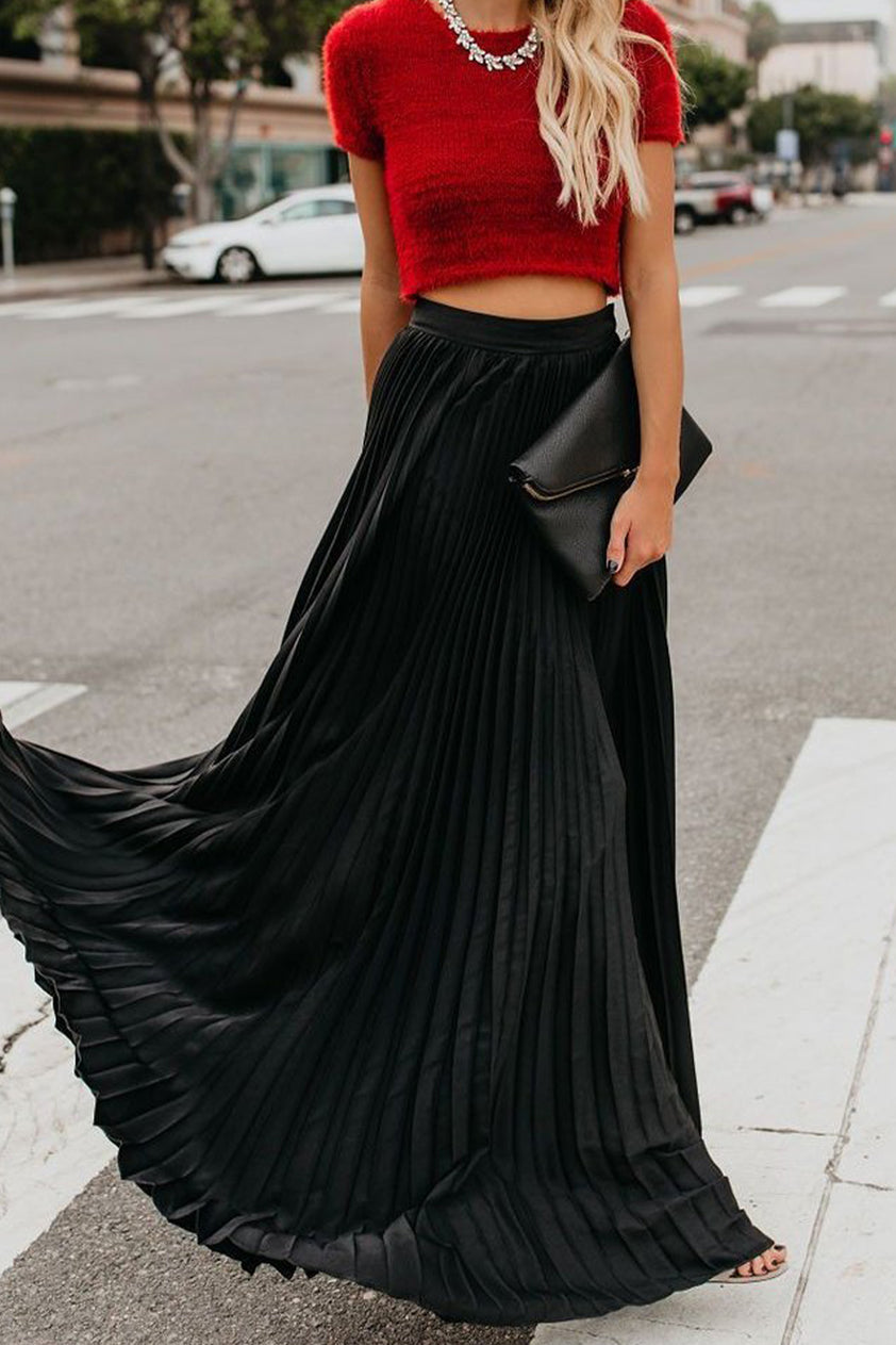 Solid Color High Waist Pleated Maxi Skirt – AROLORA