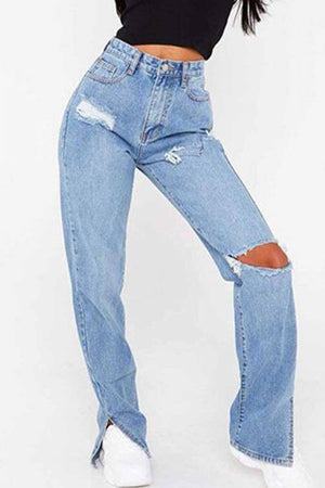 Ripped Slit High Waist Flared Jeans