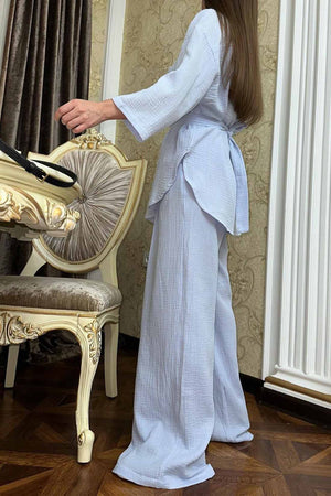 Button Belt Wide Leg Pants Two-piece Set