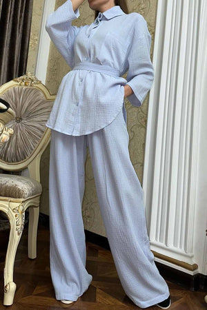 Button Belt Wide Leg Pants Two-piece Set