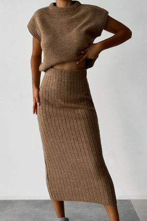 Mock Neck Sleeveless Knitted Two-Piece Dress Set