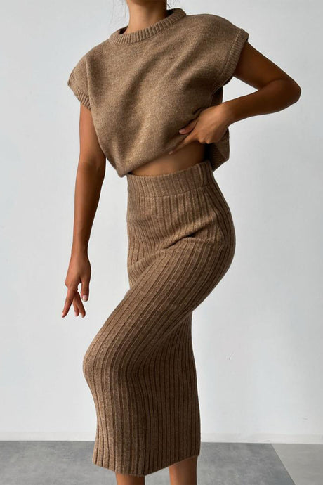 Mock Neck Sleeveless Knitted Two-Piece Dress Set