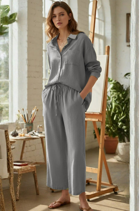 Solid Color High-waisted Linen Cotton Shirt Set