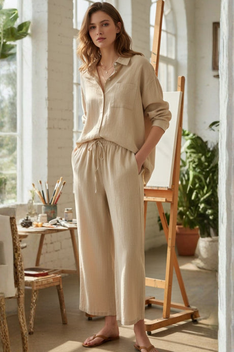 Solid Color High-waisted Linen Cotton Shirt Set
