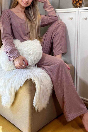 V Neck Ribbed Long Sleeve Two-Piece Set