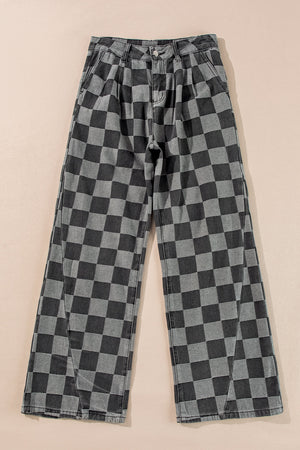 Arolora checkered-high-waist-denim-wide-leg-jeans