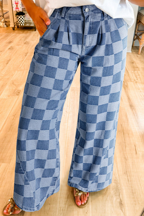 Arolora checkered-high-waist-denim-wide-leg-jeans