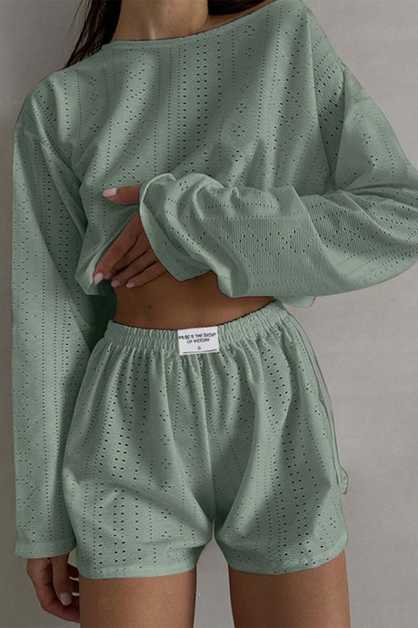 Arolora hollow-long-sleeve-shorts-slit-two-piece-set