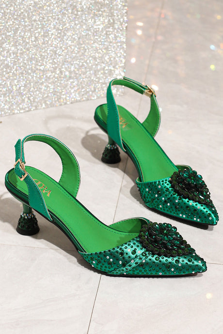 Pointed Rhinestone High Heels With Bow Hand Bag