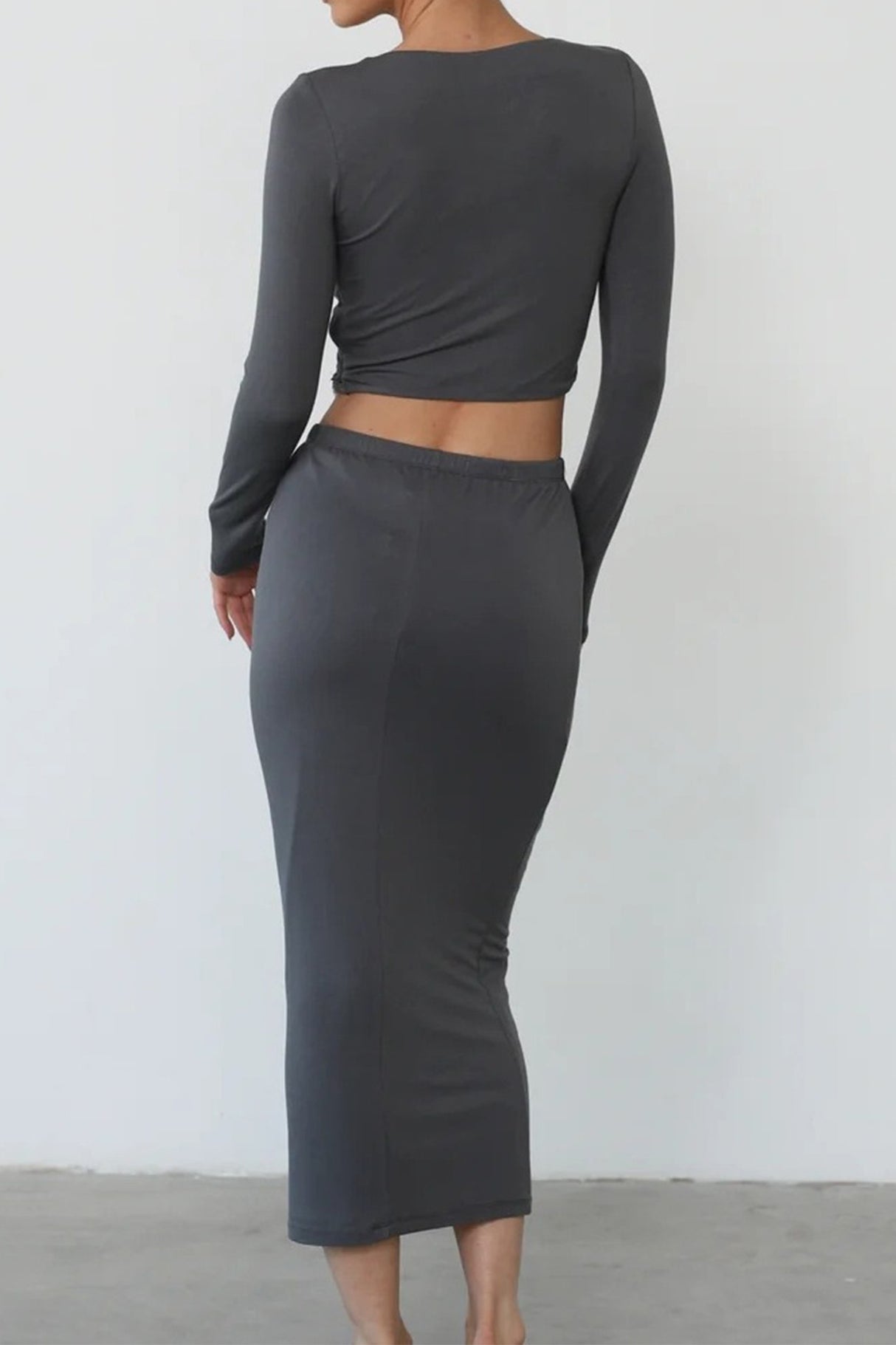 Solid Long Sleeve Twisted-Front Skirt Set