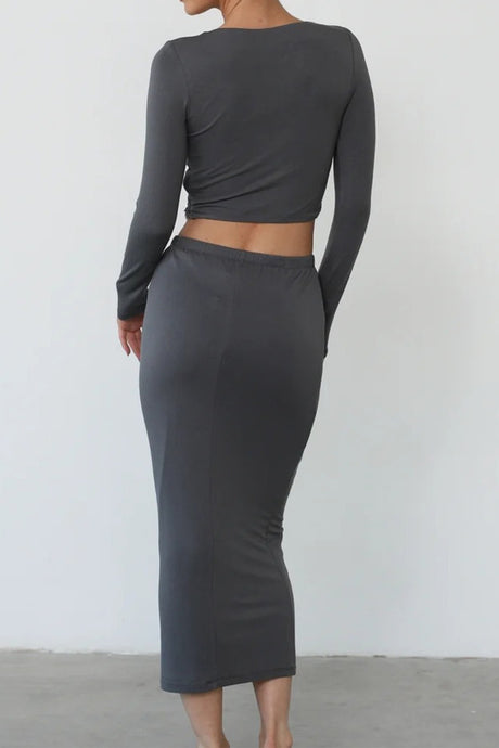 Solid Long Sleeve Twisted-Front Skirt Set