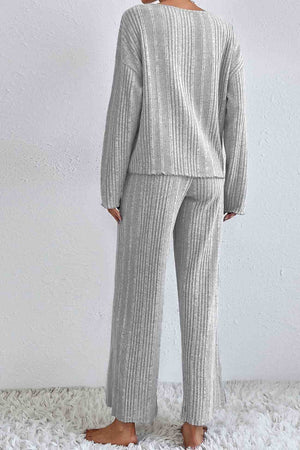 V Neck Ribbed Long Sleeve Two-Piece Set