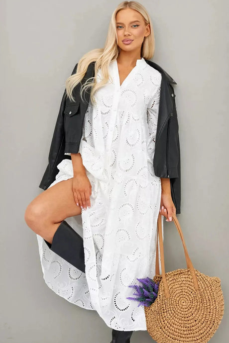 V Neck Flares Sleeve Embroidery Cotton Dress