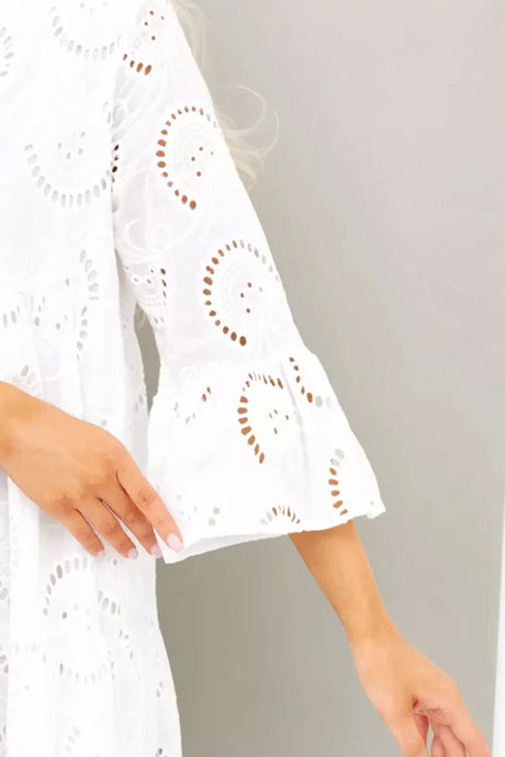 V Neck Flares Sleeve Embroidery Cotton Dress