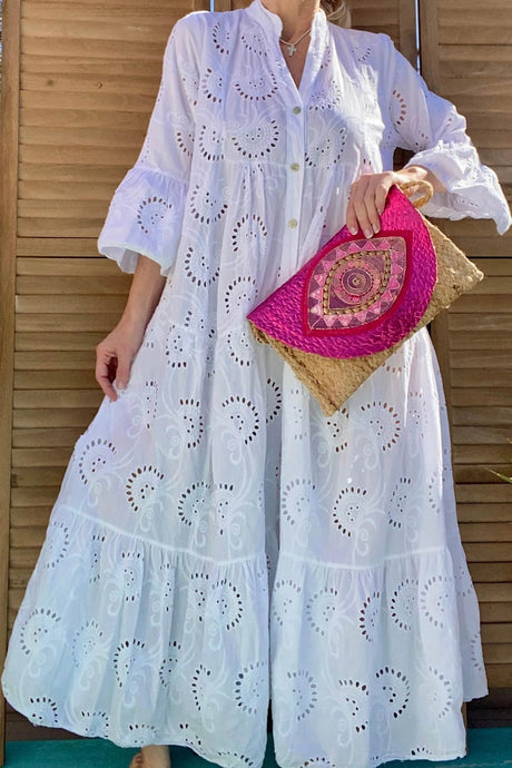 V Neck Flares Sleeve Embroidery Cotton Dress