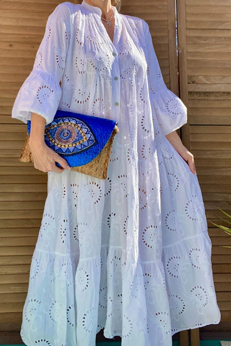 V Neck Flares Sleeve Embroidery Cotton Dress