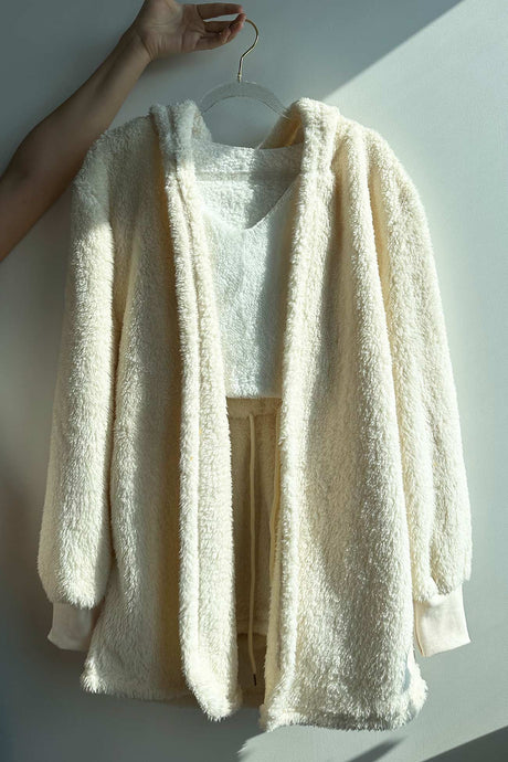 Plush Open-Front Hoodie Vest Three Piece Shorts Set