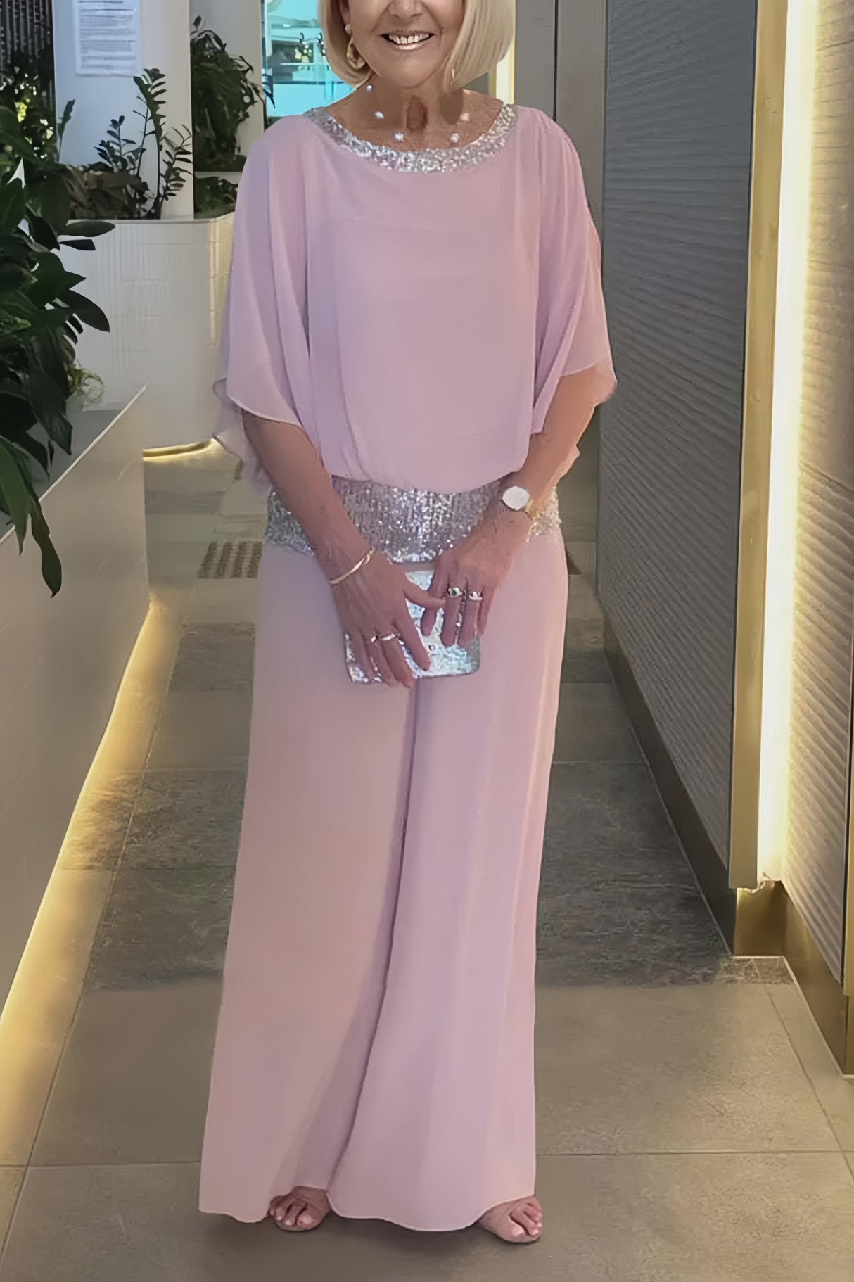 Sequins Patchwork Bat Sleeve Tops Pants Suits