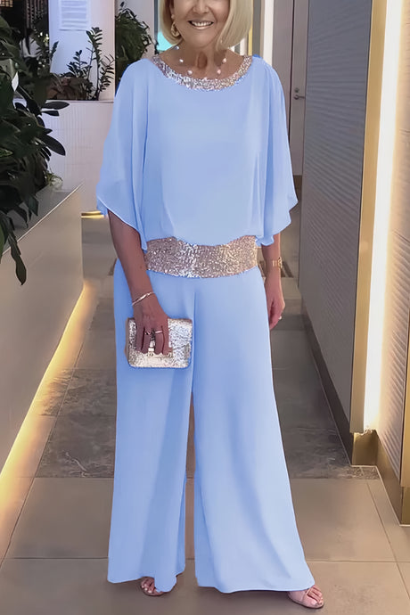 Sequins Patchwork Bat Sleeve Tops Pants Suits