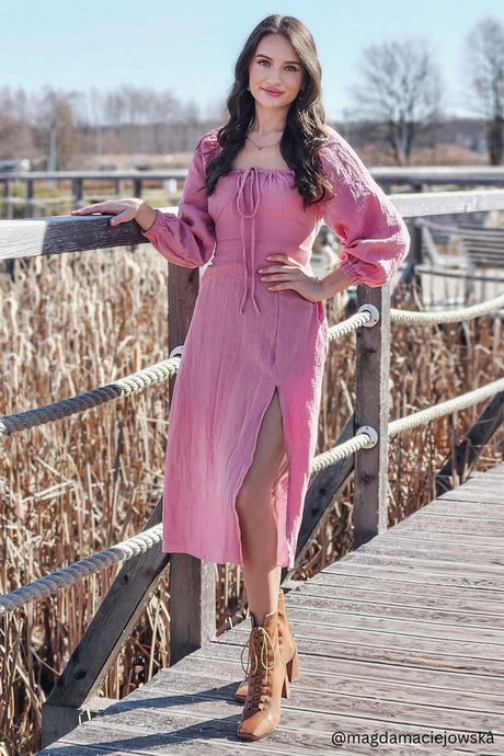 Arolora Puff Sleeve Square Neck Slit Dress