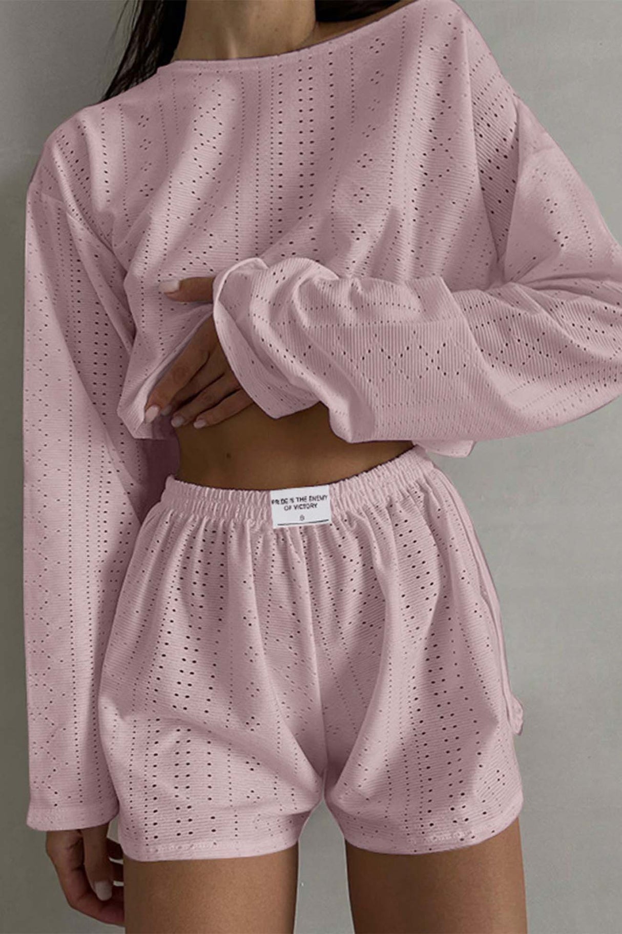 Arolora hollow-long-sleeve-shorts-slit-two-piece-set